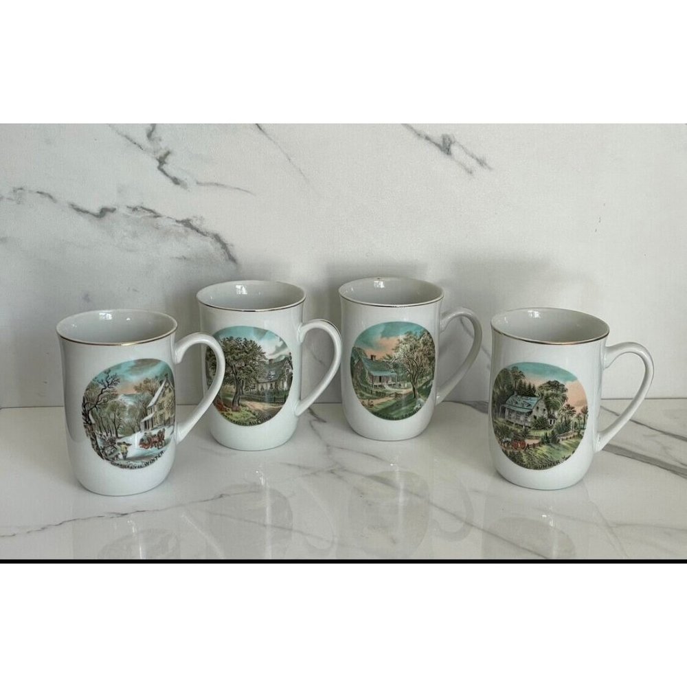 Vintage Set of 4 Currier and Ives Seasons Cups Mugs Winter Autumn Spring Summer